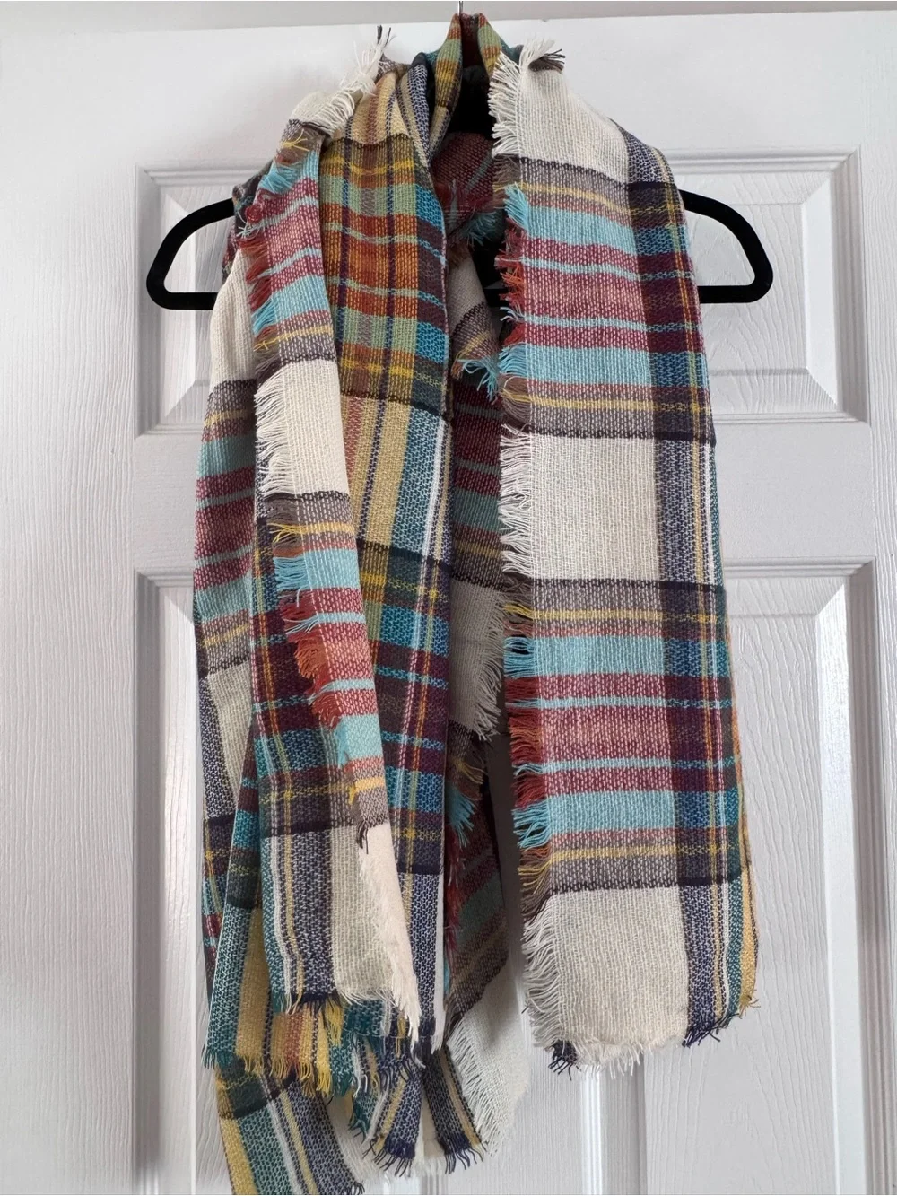 Plaid Fringe Blanket Scarf in Cream, Teal & Rust